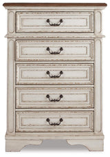 Realyn Two-tone/Chipped White Full Upholstered Panel Bed, Dresser, Mirror, Chest and Nightstand - Ornate Home