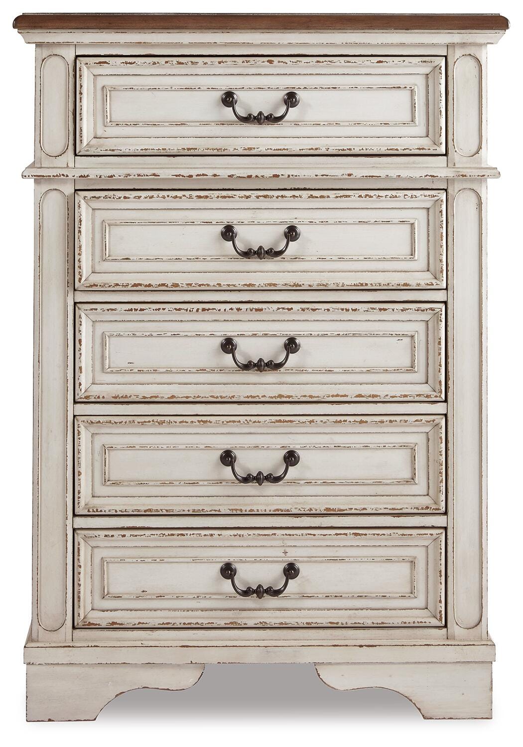 Realyn Two-tone/Chipped White Full Upholstered Panel Bed, Dresser, Mirror, Chest and Nightstand - Ornate Home