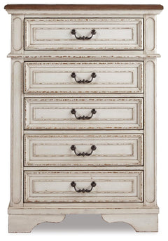 Realyn Two-tone/Chipped White Full Upholstered Panel Bed, Dresser, Mirror, Chest and Nightstand - Ornate Home