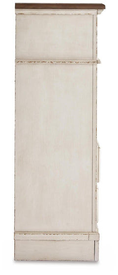Realyn Two-tone/Chipped White Full Upholstered Panel Bed, Dresser, Mirror, Chest and Nightstand - Ornate Home