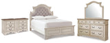 Realyn Two-tone/Chipped White Full Upholstered Panel Bed, Dresser, Mirror and 2 Nightstands - Ornate Home