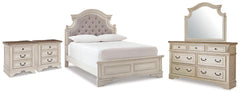Realyn Two-tone/Chipped White Full Upholstered Panel Bed, Dresser, Mirror and 2 Nightstands - Ornate Home