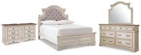 Realyn Two-tone/Chipped White Full Upholstered Panel Bed, Dresser, Mirror and 2 Nightstands - Ornate Home