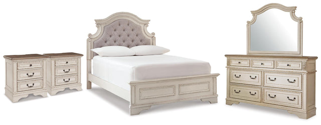 Realyn Two-tone/Chipped White Full Upholstered Panel Bed, Dresser, Mirror and 2 Nightstands - Ornate Home