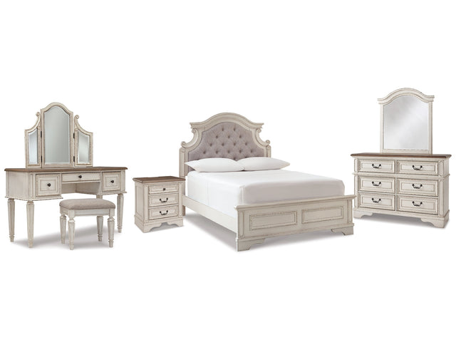 Realyn Two-tone Full Panel Bedroom Set with Dresser, Mirror, 3-Piece Vanity and Nightstand (Online Special Price) - Ornate Home