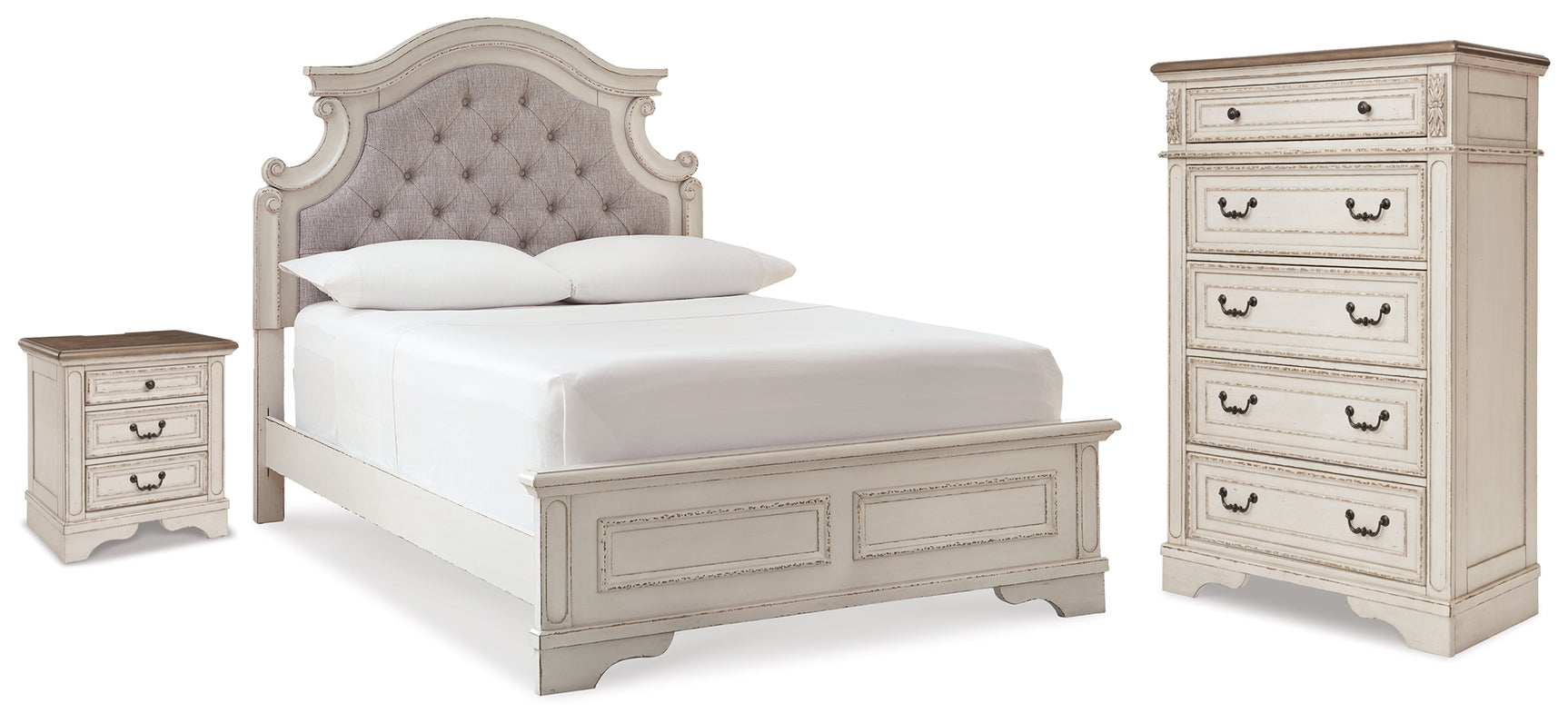 Realyn Two-tone Full Upholstered Panel Bed, Chest and Nightstand (Online Special Price) - Ornate Home