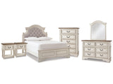 Realyn Two-tone Full Upholstered Panel Bedroom Set with Dresser, Mirror, Chest and 2 Nightstands - Ornate Home