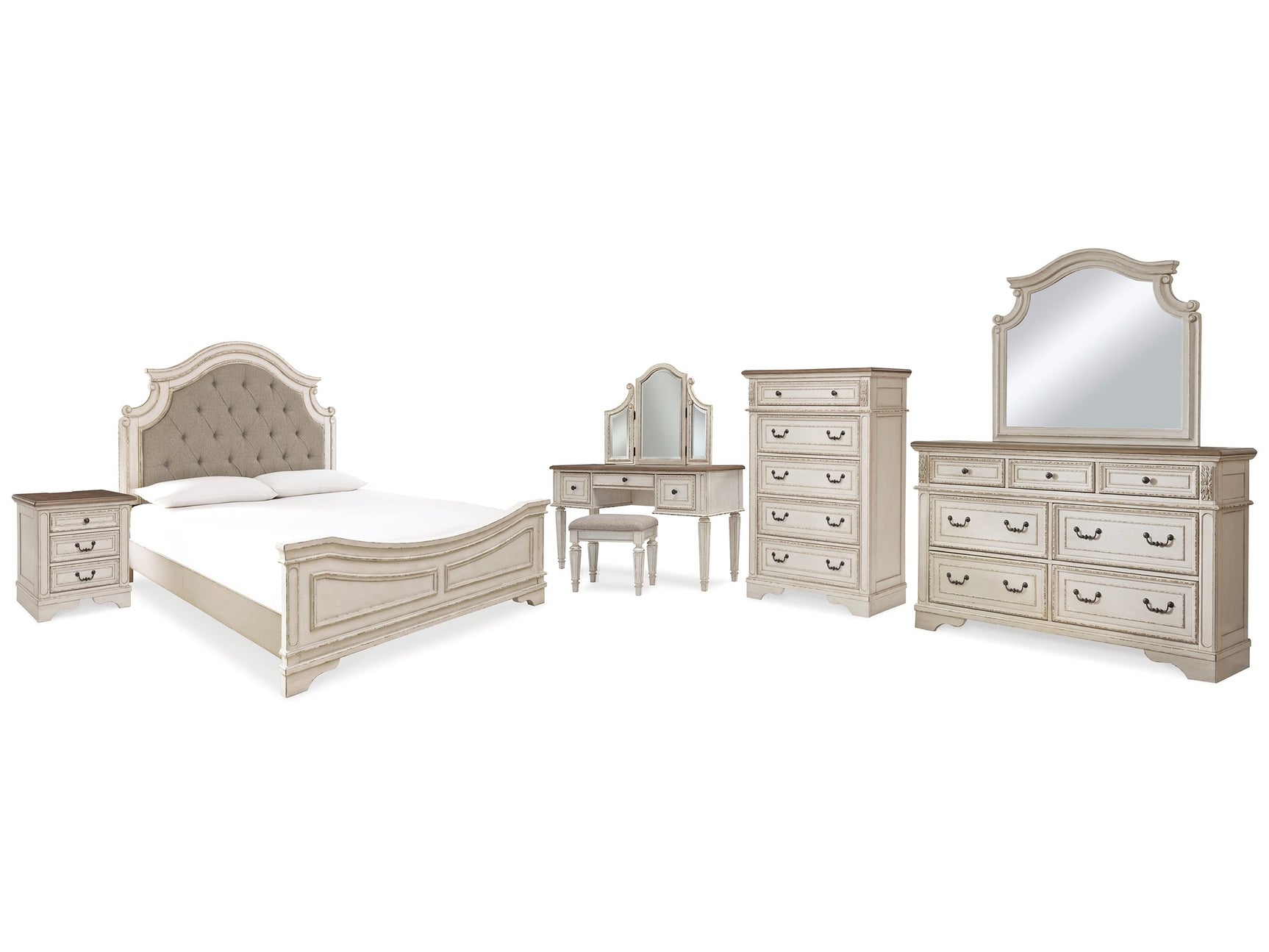 Realyn Two-tone King Panel Bed & Dresser & Mirror & Chest & Vanity & Nightstand - Ornate Home