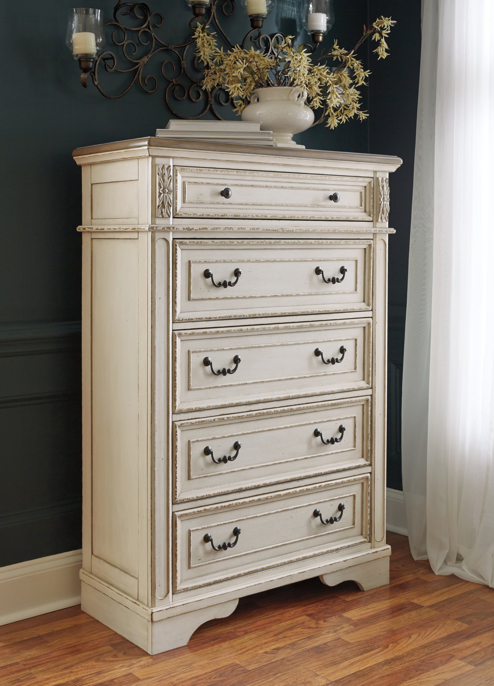 Realyn Two-tone King Panel Bed, Dresser, Mirror, Chest and Nightstand (Online Special Price) - Ornate Home