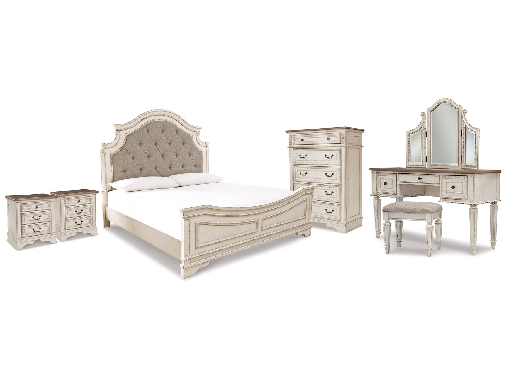 Realyn Two-tone King Panel Bedroom Set with Vanity, Chest and 2 Nightstands - Ornate Home