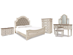 Realyn Two-tone King Panel Bedroom Set with Vanity, Chest and 2 Nightstands - Ornate Home