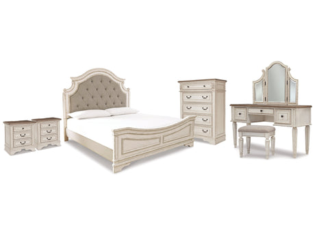 Realyn Two-tone King Panel Bedroom Set with Vanity, Chest and 2 Nightstands - Ornate Home