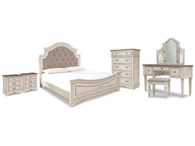 Realyn Two-tone King Panel Bedroom Set with Vanity, Chest and 2 Nightstands - Ornate Home
