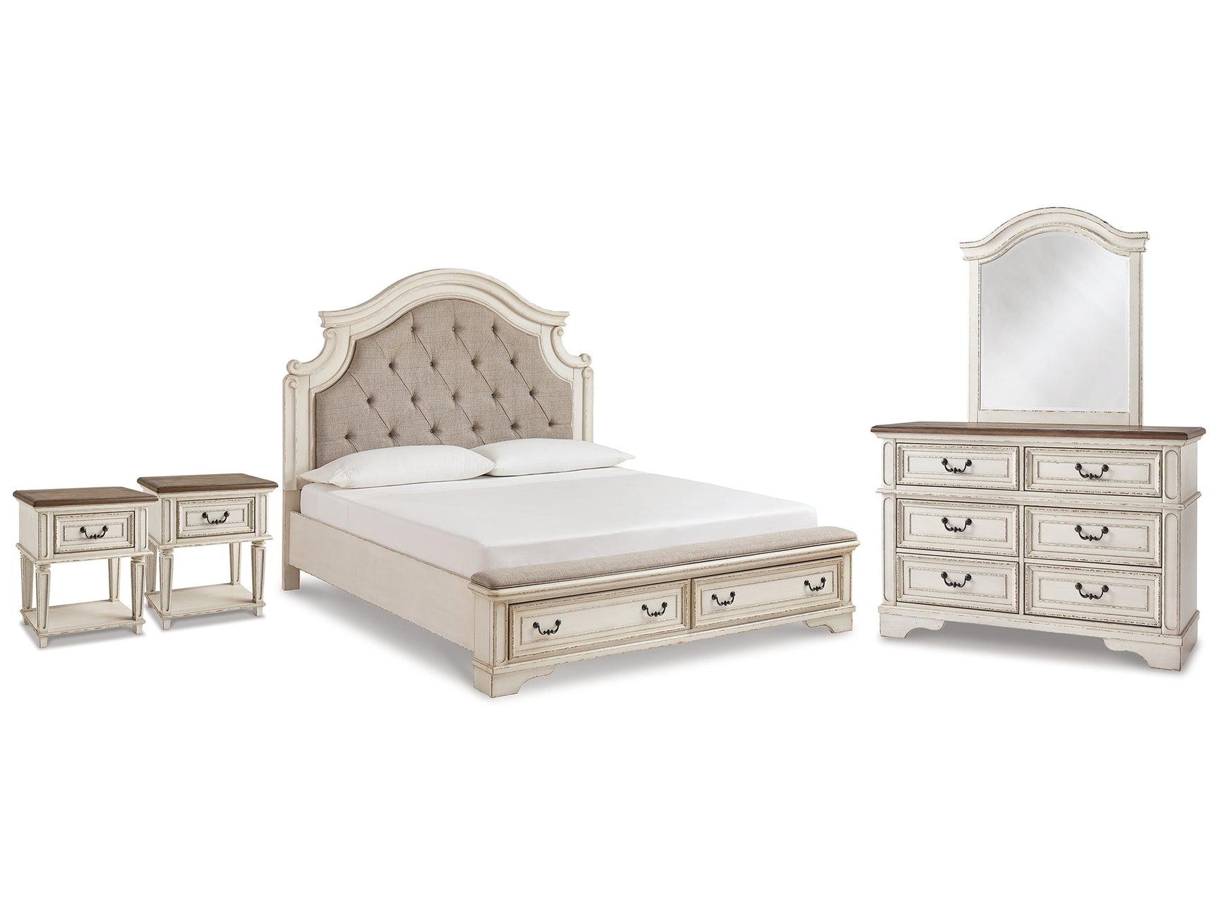 Realyn Two-tone King Panel Storage Bed & Dresser & Mirror & 2 Nightstands - Ornate Home