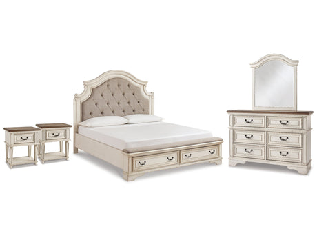 Realyn Two-tone King Panel Storage Bed & Dresser & Mirror & 2 Nightstands - Ornate Home