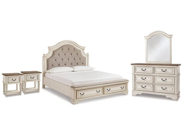 Realyn Two-tone King Panel Storage Bed & Dresser & Mirror & 2 Nightstands - Ornate Home