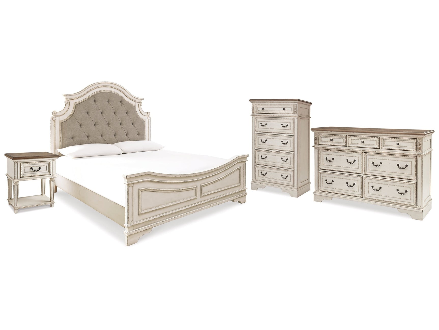 Realyn Two-tone King Upholstered Panel Bedroom Set with Dresser, Chest and Nightstand (Online Special Price) - Ornate Home