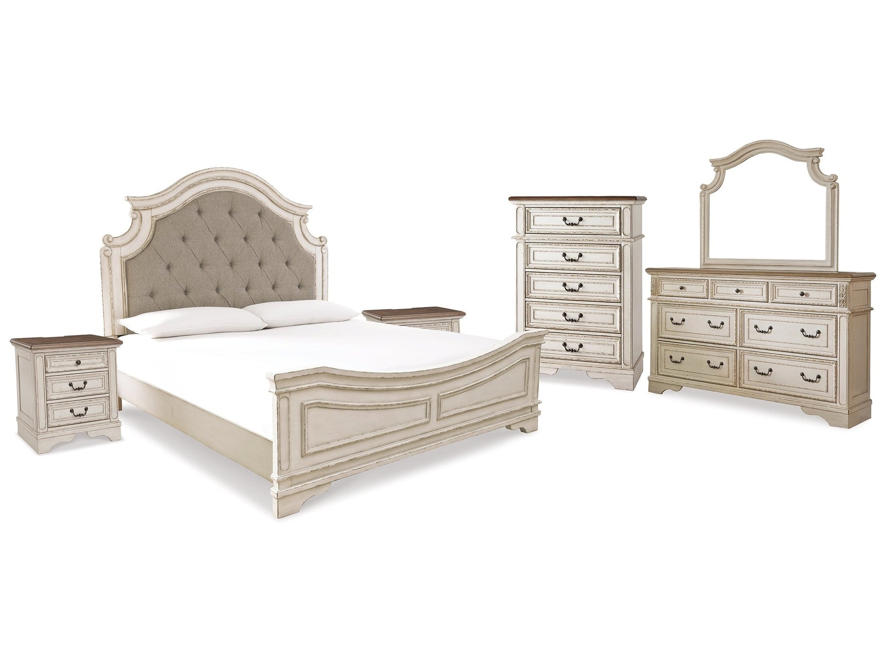 Realyn Two-tone King Upholstered Panel Bedroom Set with Dresser, Mirror, Chest and 2 Nightstands (Online Special Price) - Ornate Home