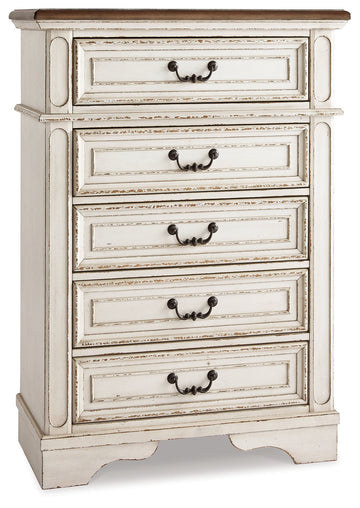 Realyn Two-tone King Upholstered Panel Bedroom Set with Dresser, Mirror, Chest and 2 Nightstands - Ornate Home