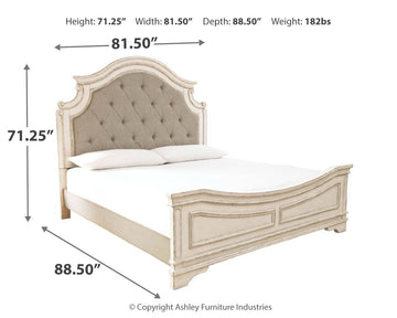Realyn Two-tone King Upholstered Panel Bedroom Set with Dresser, Mirror, Chest and 2 Nightstands - Ornate Home