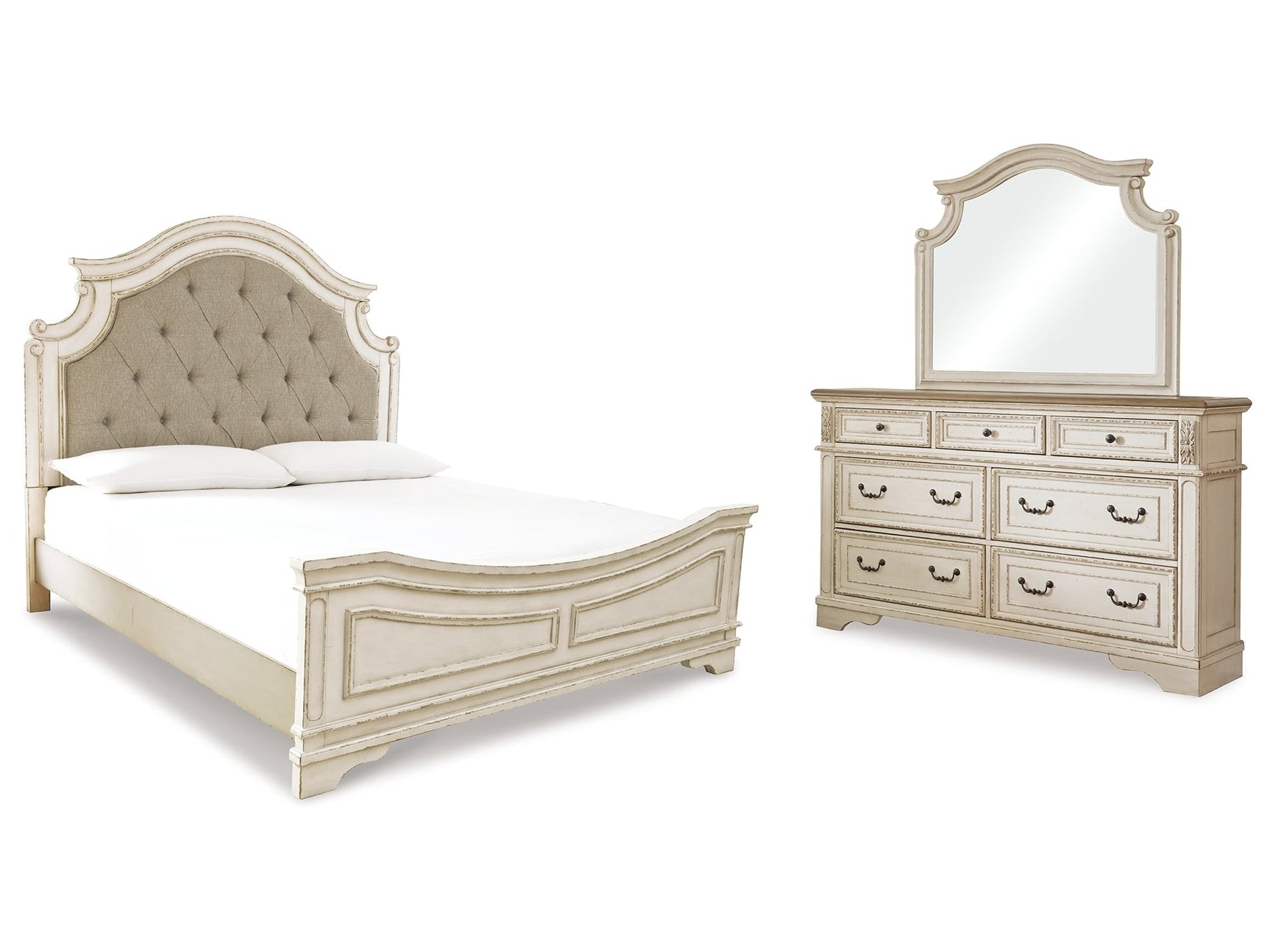 Realyn Two-tone King Upholstered Panel Bedroom Set with Dresser and Mirror - Ornate Home