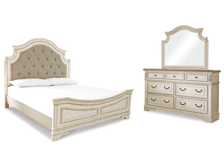 Realyn Two-tone King Upholstered Panel Bedroom Set with Dresser and Mirror - Ornate Home