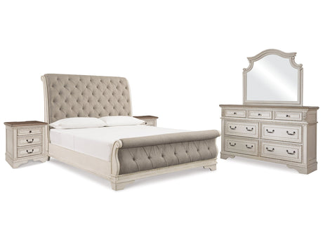 Realyn Two-tone King Upholstered Sleigh Bedroom Set with Dresser, Mirror and 2 Nightstands - Ornate Home