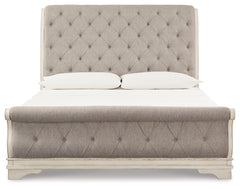 Realyn Two-tone King Upholstered Sleigh Bedroom Set with Dresser, Mirror and 2 Nightstands - Ornate Home