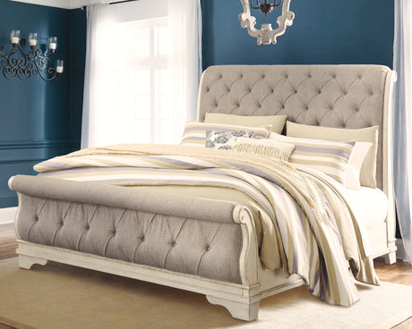 Realyn Two-tone King Upholstered Sleigh Bedroom Set with Dresser, Mirror and 2 Nightstands - Ornate Home