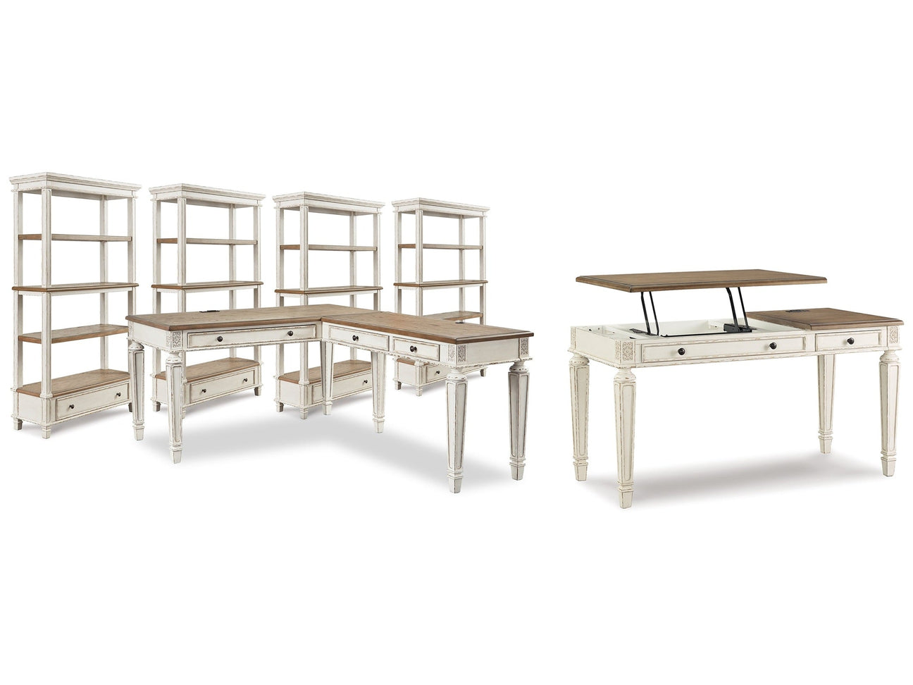 Realyn Two-tone Lift-top Desk, L-shaped Desk and 4 Bookcases (Online Special Price) - Ornate Home