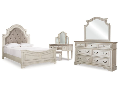 Realyn Two-tone Queen Panel Bedroom Set with Dresser, Mirror and Vanity - Ornate Home