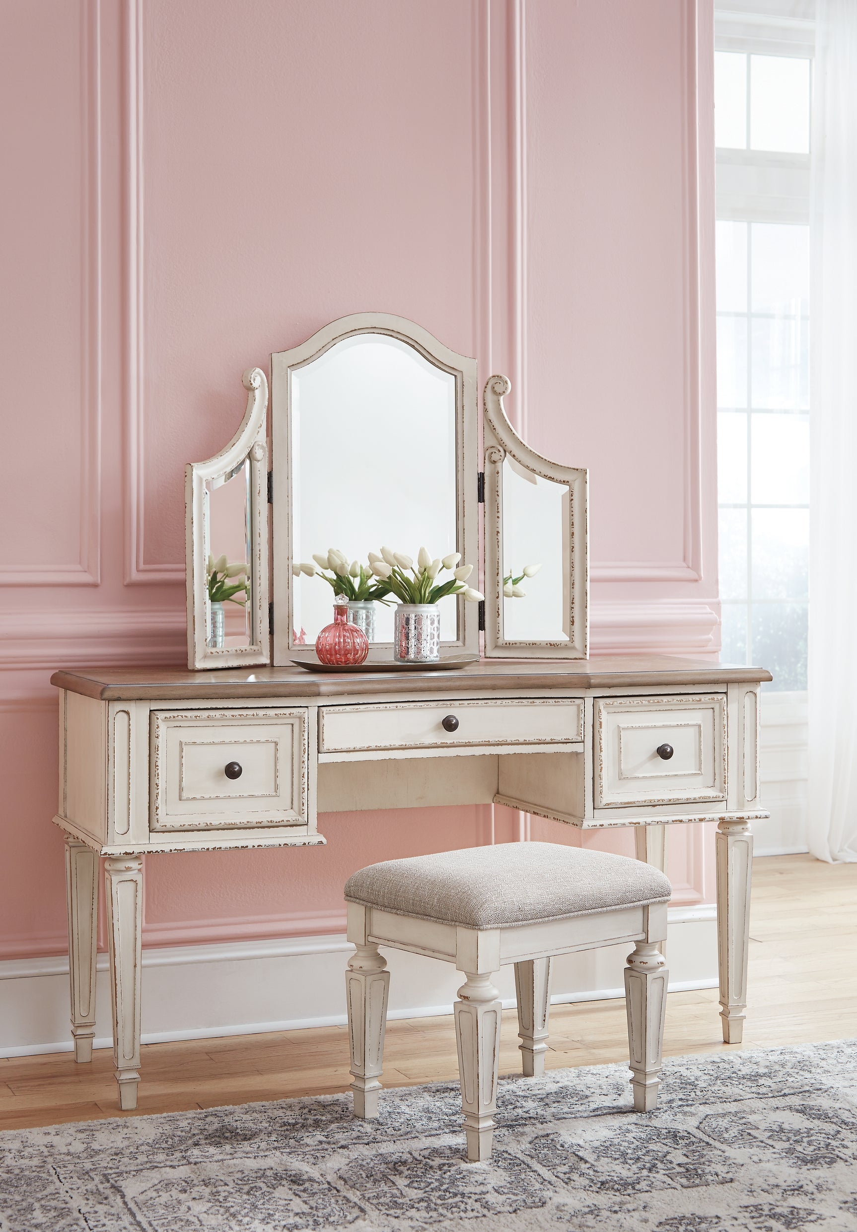 Realyn Two-tone Queen Panel Bedroom Set with Dresser, Mirror and Vanity - Ornate Home