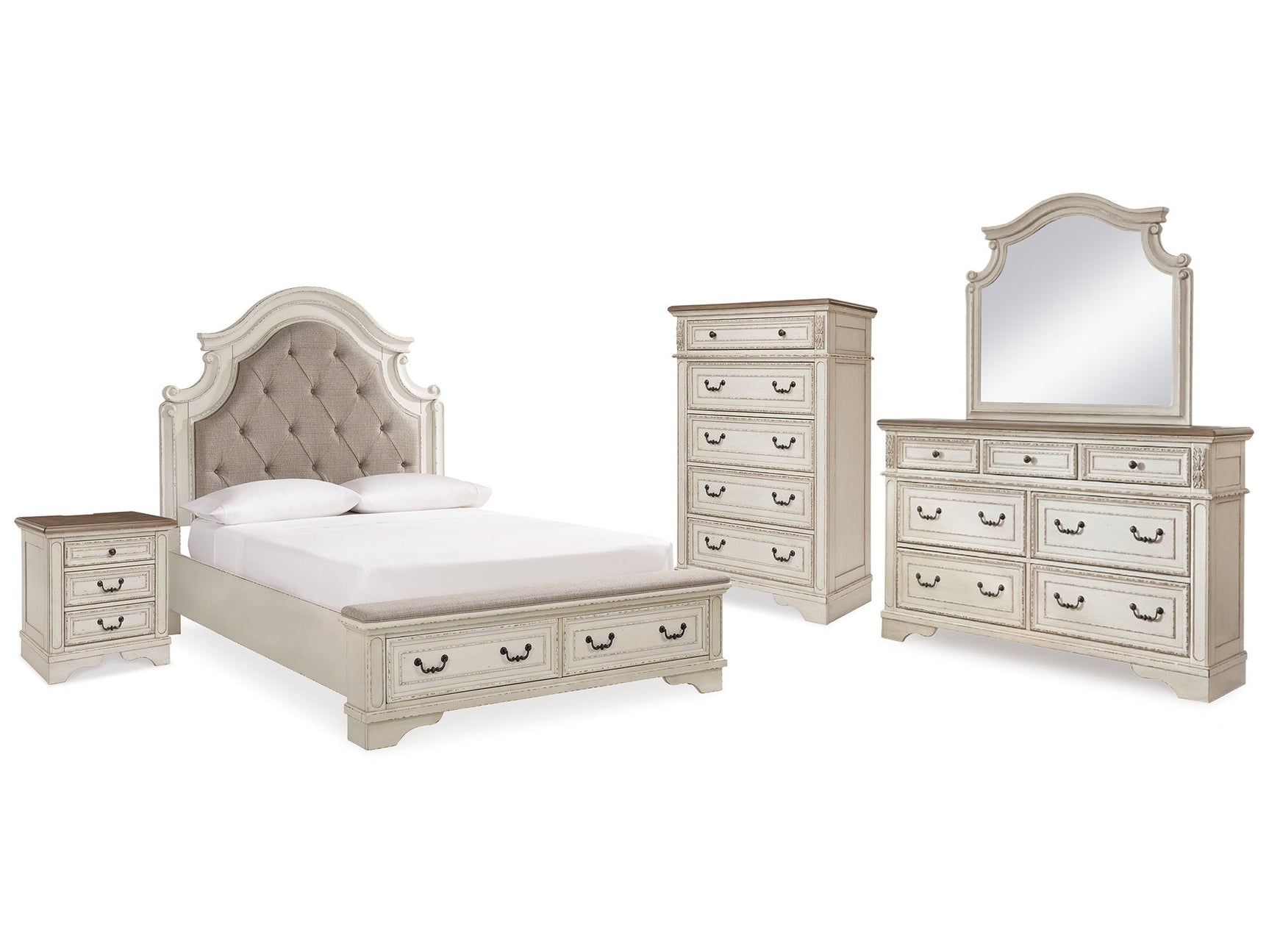 Realyn Two-tone Queen Upholstered Bedroom Set with Dresser, Mirror, Chest and Nightstand (Online Special Price) - Ornate Home