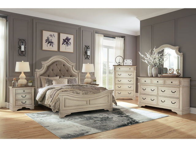 Realyn Two-tone Queen Upholstered Panel Bedroom Set with Dresser, Mirror, Chest and 2 Nightstands (Online Special Price) - Ornate Home