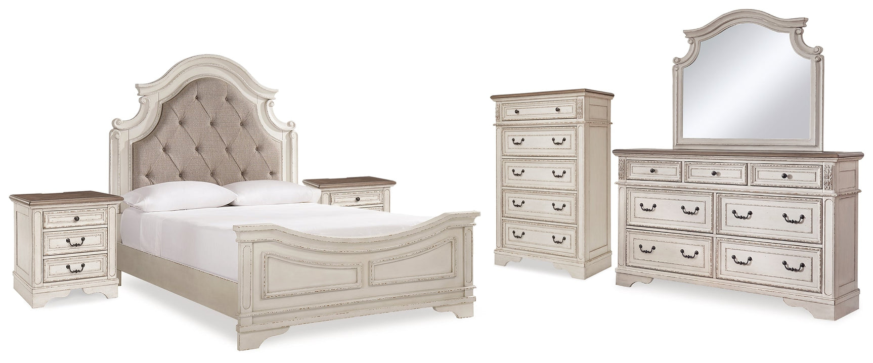 Realyn Two-tone Queen Upholstered Panel Bedroom Set with Dresser, Mirror, Chest and 2 Nightstands (Online Special Price) - Ornate Home