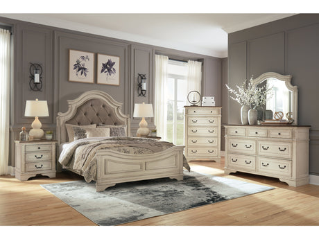 Realyn Two-tone Queen Upholstered Panel Bedroom Set with Dresser, Mirror, Chest and 2 Nightstands - Ornate Home