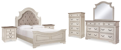 Realyn Two-tone Queen Upholstered Panel Bedroom Set with Dresser, Mirror, Chest and 2 Nightstands - Ornate Home
