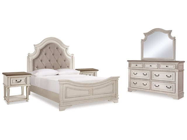 Realyn Two-tone Queen Upholstered Panel Bedroom Set with Dresser, Mirror and 2 Nightstands - Ornate Home
