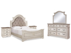 Realyn Two-tone Queen Upholstered Panel Bedroom Set with Dresser, Mirror and 2 Nightstands - Ornate Home