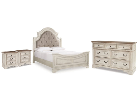 Realyn Two-tone Queen Upholstered Panel Bedroom Set with Dresser and 2 Nightstands - Ornate Home