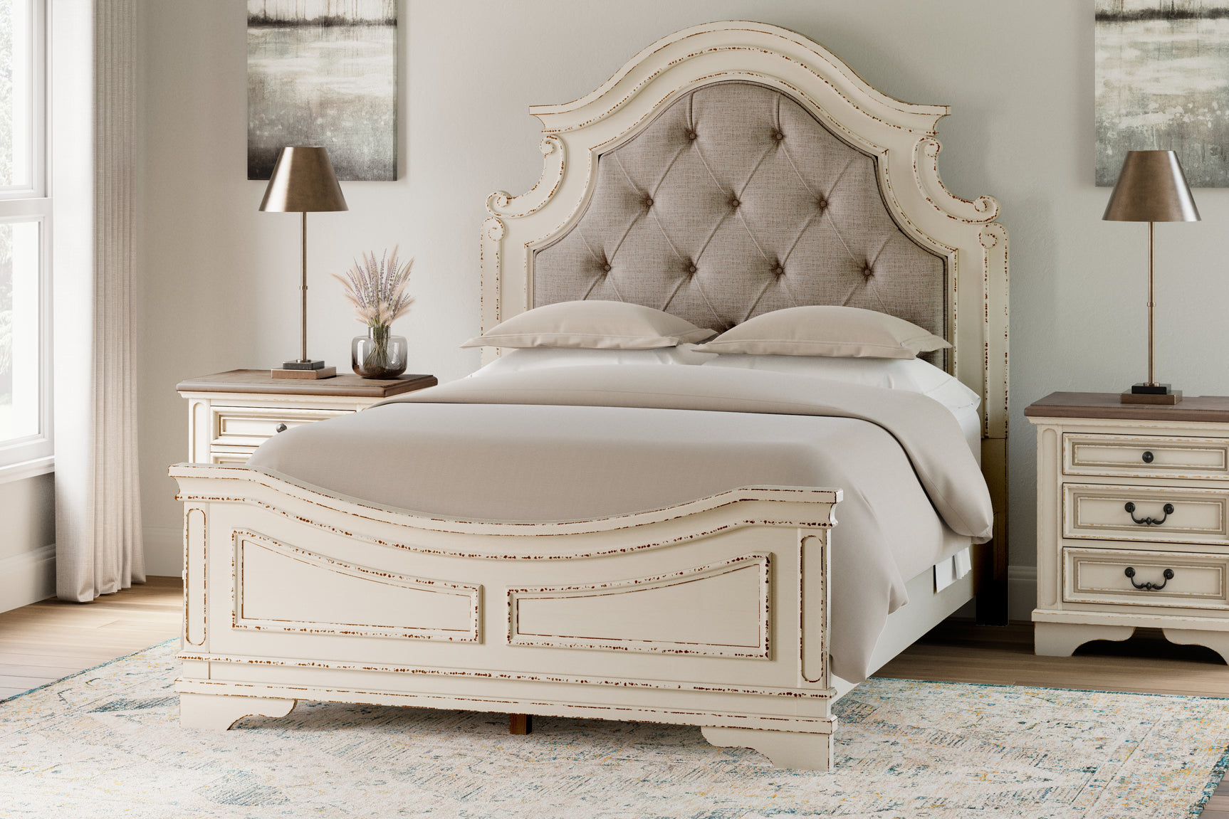Realyn Two-tone Queen Upholstered Panel Bedroom Set with Dresser and 2 Nightstands - Ornate Home