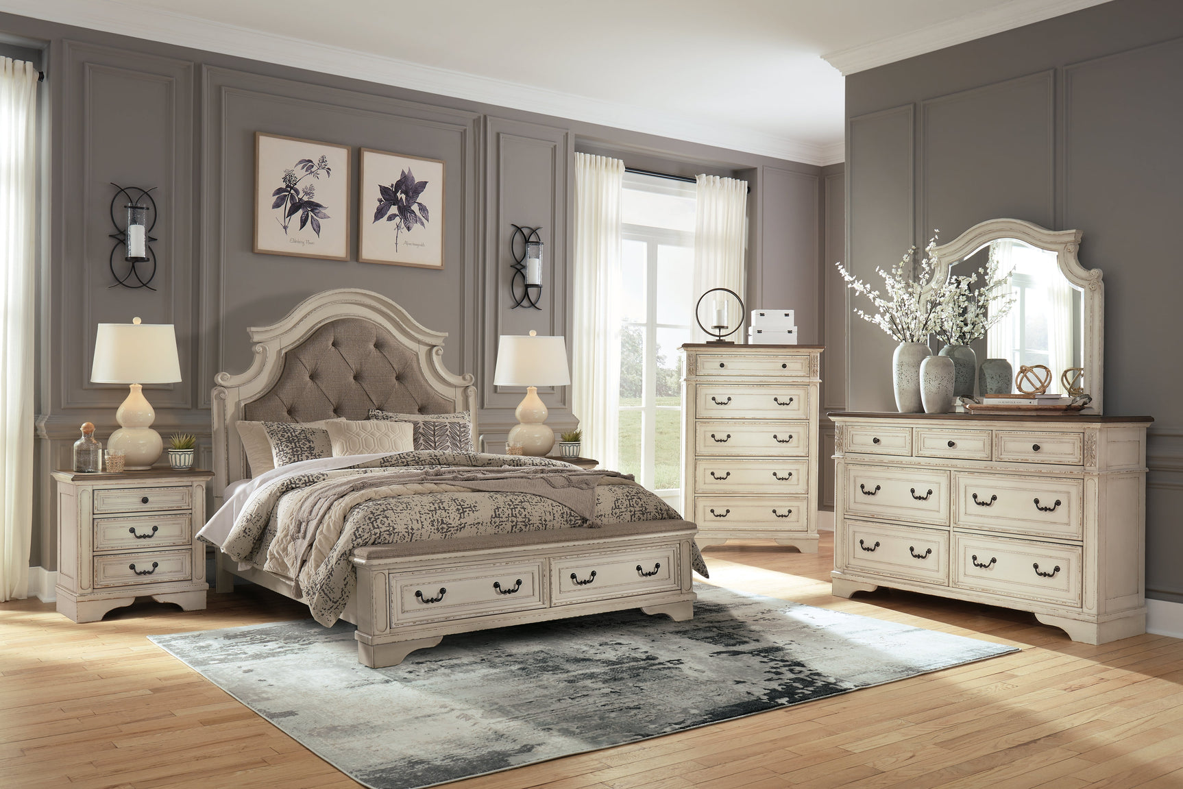 Realyn Two-tone Queen Upholstered Panel Bedroom Set with Storage, Dresser and Nightstand (Online Special Price) - Ornate Home