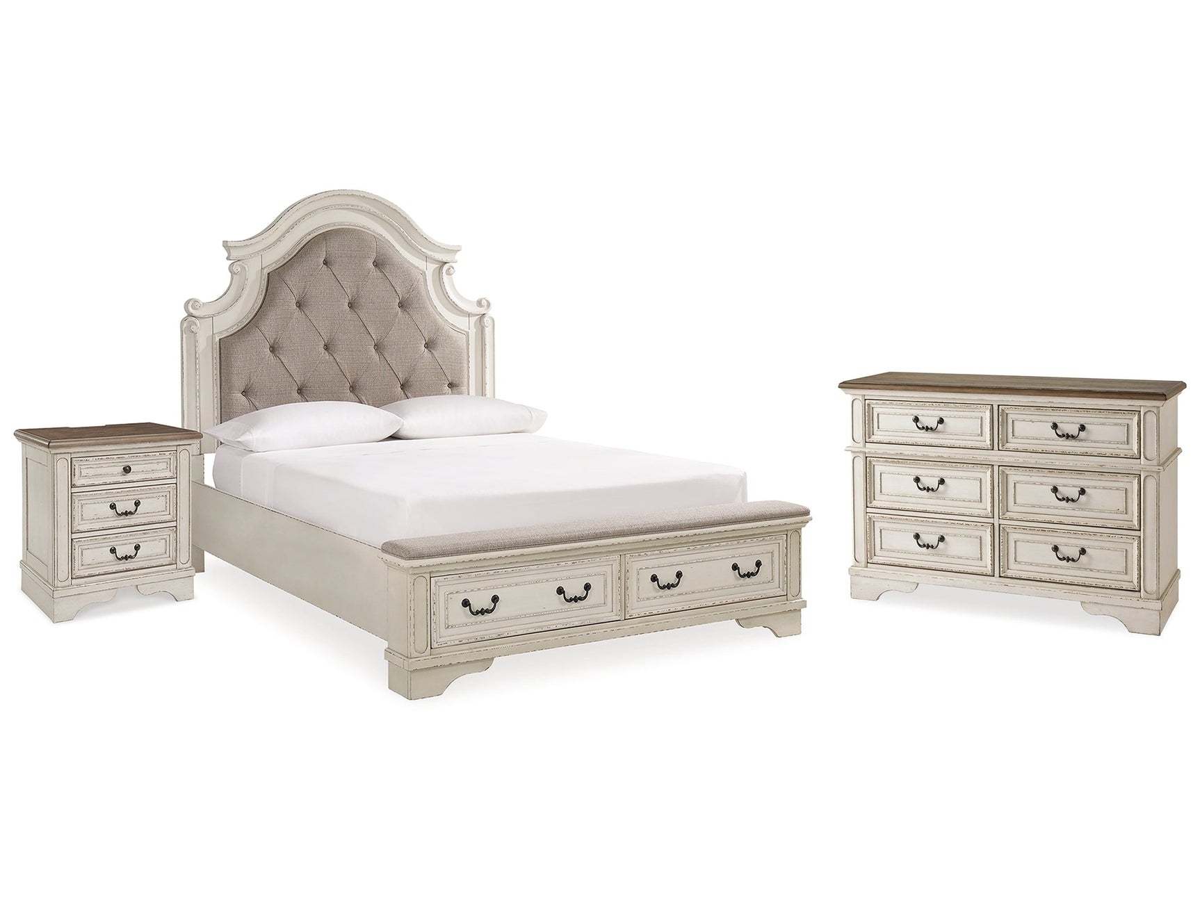 Realyn Two-tone Queen Upholstered Panel Bedroom Set with Storage, Dresser and Nightstand - Ornate Home