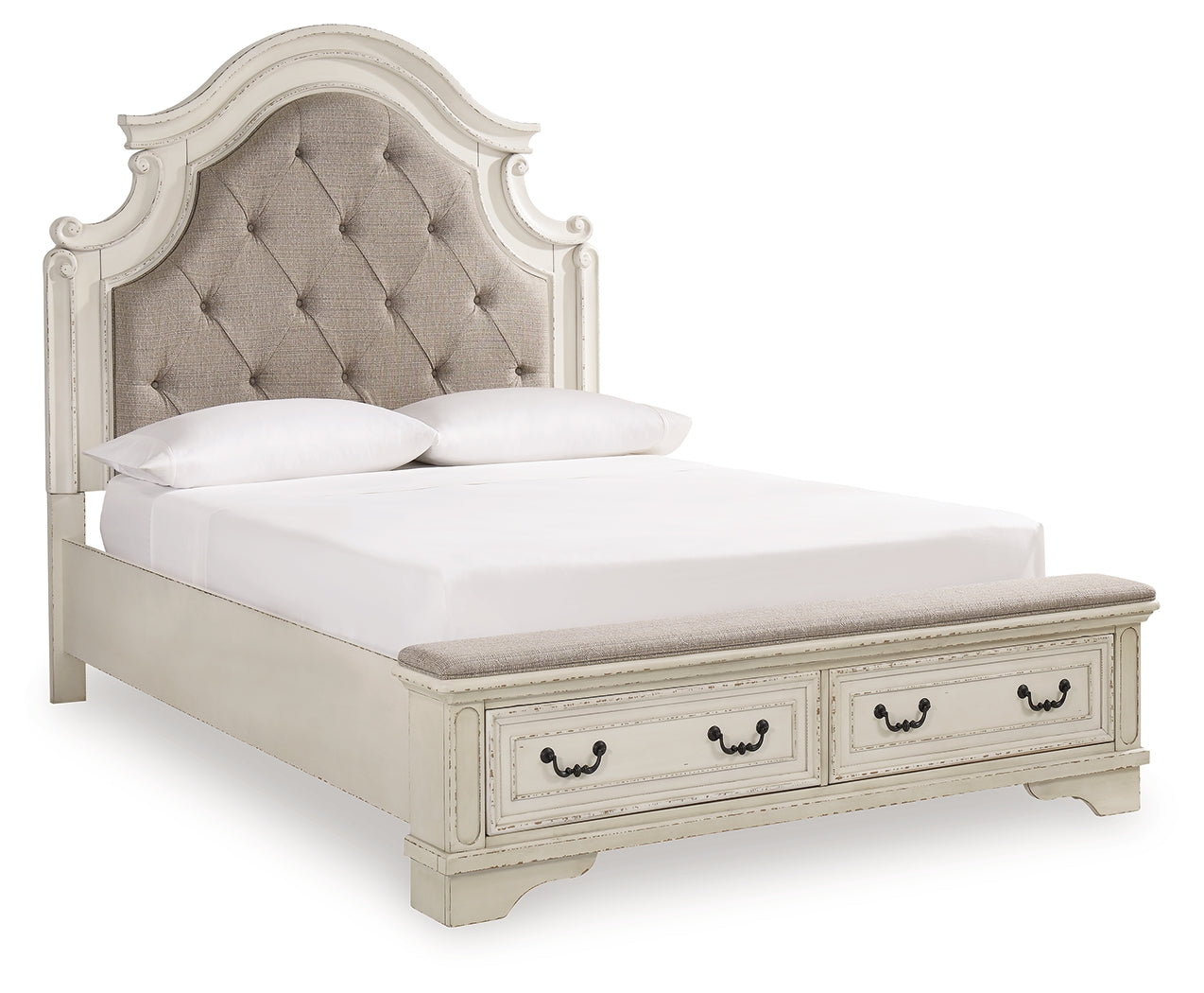 Realyn Two-tone Queen Upholstered Panel Bedroom Set with Storage, Dresser and Nightstand - Ornate Home