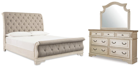 Realyn Two-tone Queen Upholstered Sleigh Bed, Dresser and Mirror - Ornate Home