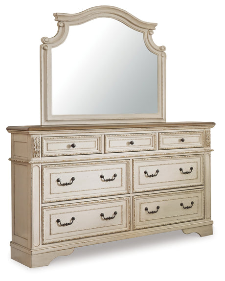 Realyn Two-tone Queen Upholstered Sleigh Bed, Dresser and Mirror - Ornate Home