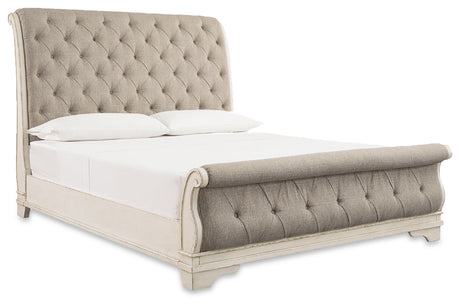 Realyn Two-tone Queen Upholstered Sleigh Bed, Dresser and Mirror - Ornate Home