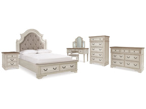 Realyn Two-tone Queen Upholstery Panel Bedroom Set with Dresser, Chest, Nightstand, and Vanity Set (Online Special Price) - Ornate Home