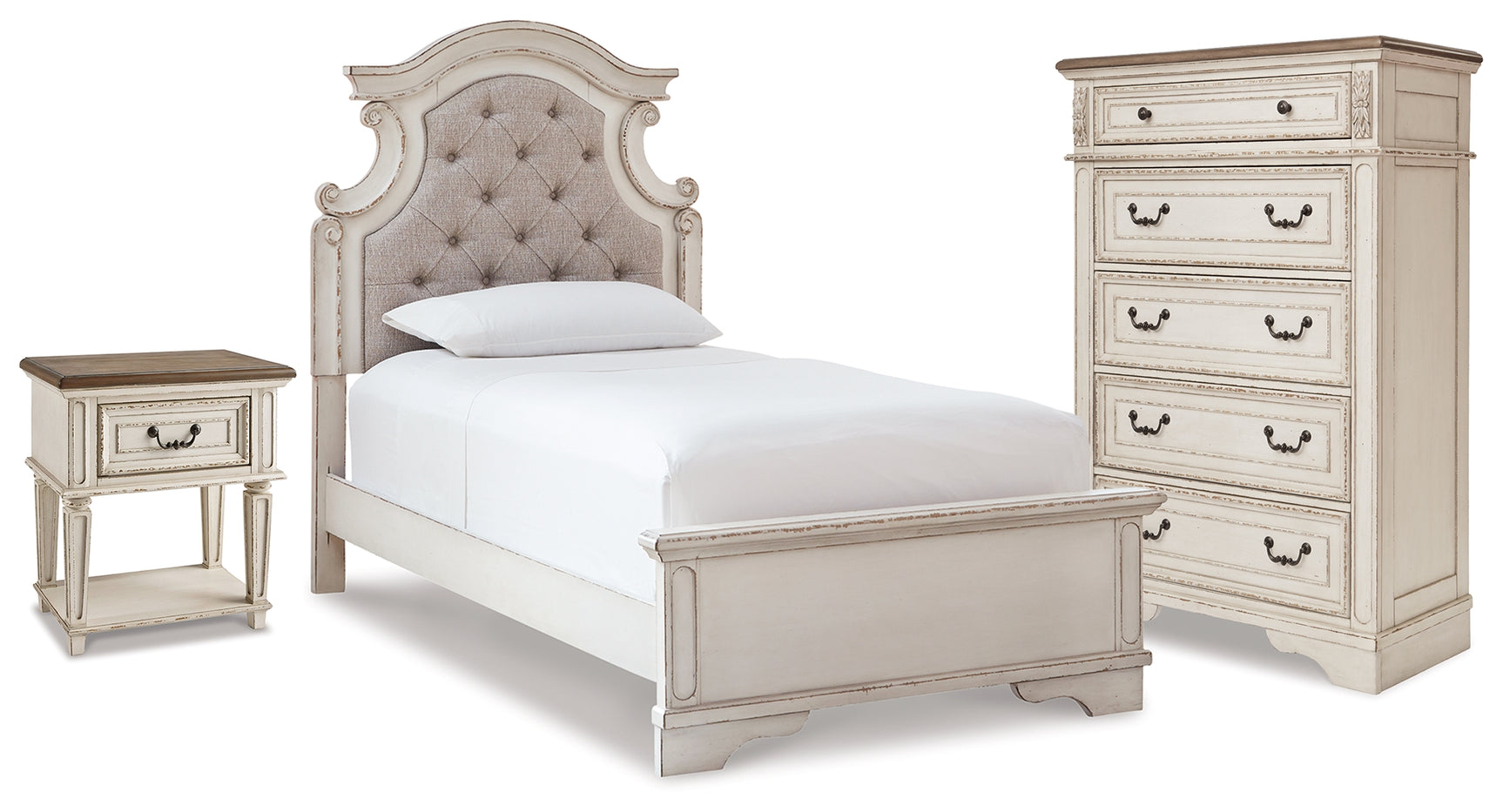 Realyn Two-tone Twin Panel Bed, Chest and Nightstand - Ornate Home