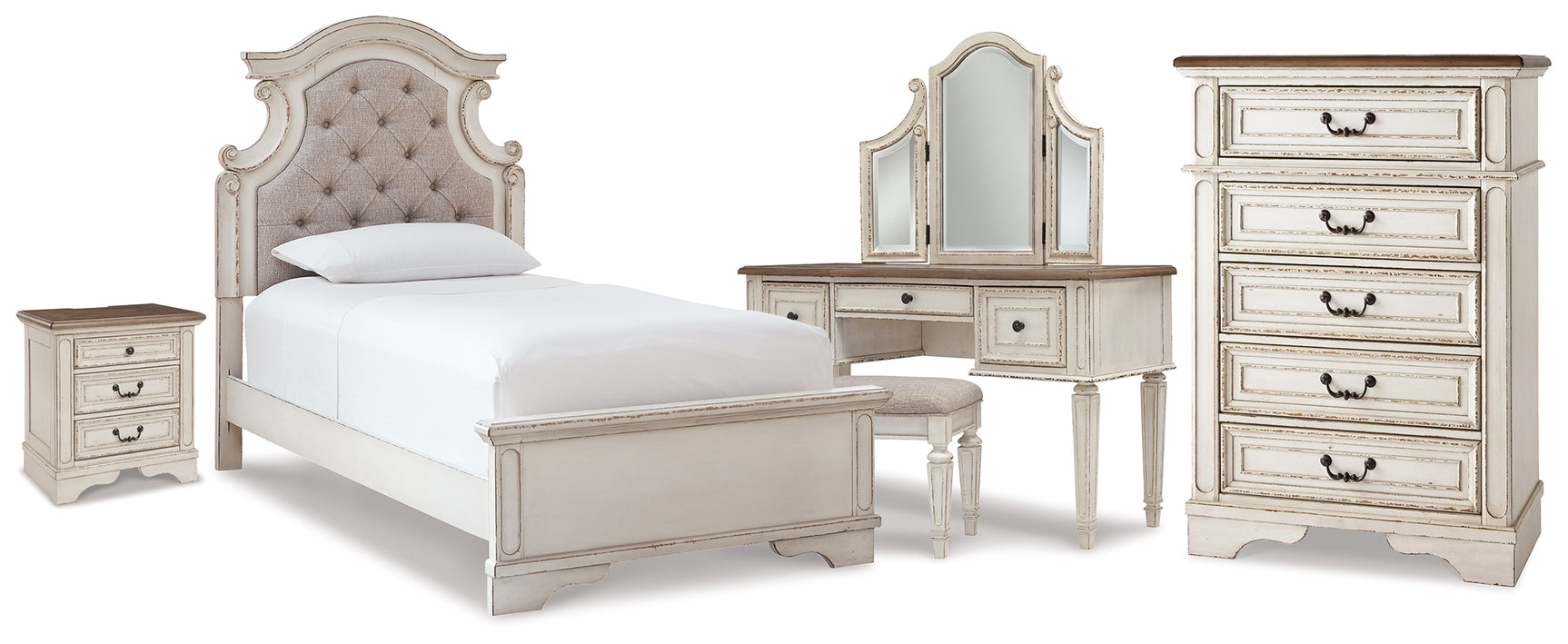 Realyn Two-tone Twin Upholstered Panel Bed, Chest, Vanity and Nightstand (Online Special Price) - Ornate Home